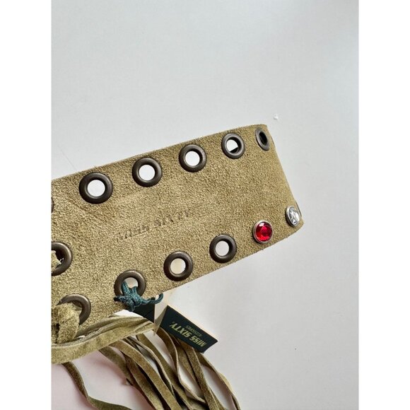 NWT MISS SIXTY 00s Y2K Ellie Green Suede Grommet Crystal Studded Fringe Belt - Picture 2 of 11